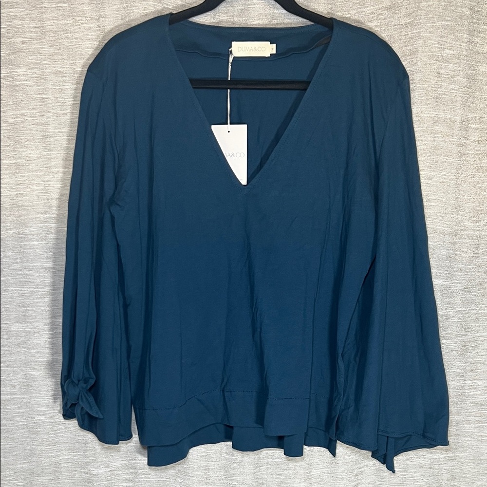 Duma & Co Women's Blue Cotton V-Neck Top Rania Blouse